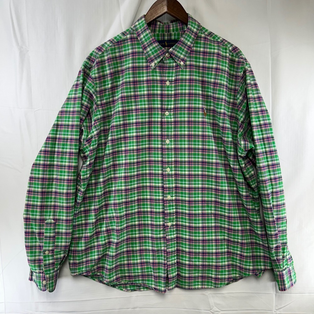 Ralph Lauren Button Down Shirt Mens XXL Green Plaid Long Sleeve Pony Logo